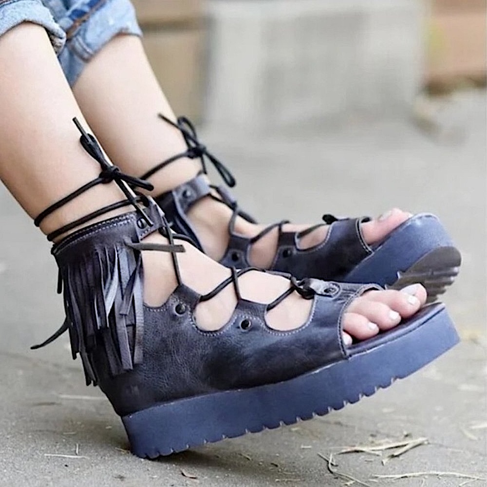 Rare BED STU Sandals MADISON Boho Dark Gray Blue Purple Leather Fringe Size 7.5